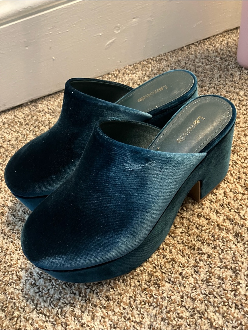 Larroudé Teal Velvet Platform Clogs Sz 8